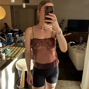 Zara Sheer Lace Cami Top in Maroon
